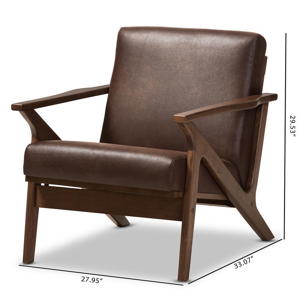Bianca Mid-Century Modern Walnut Wood Dark Brown Distressed Faux Leather Lounge Chair FredCo
