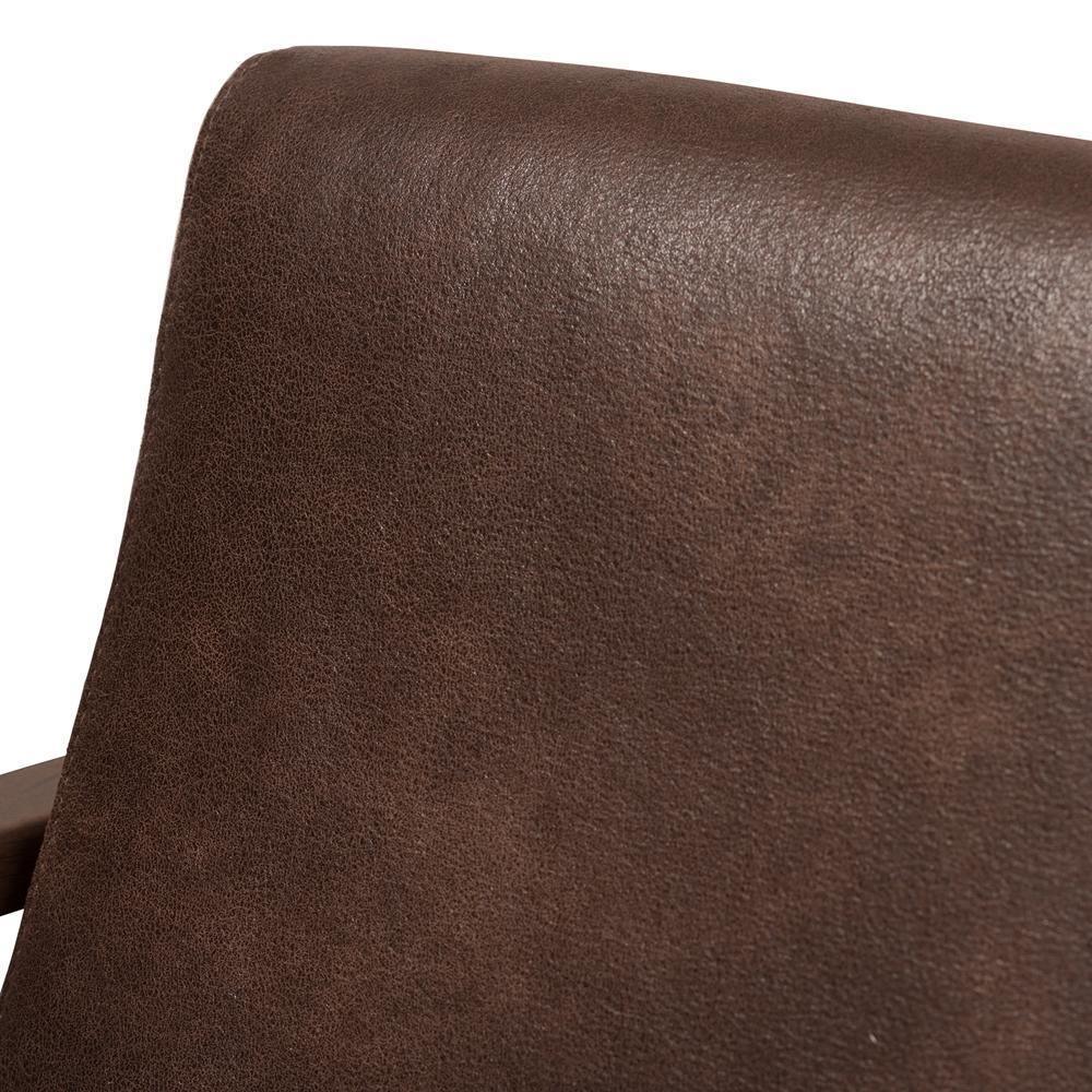 Bianca Mid-Century Modern Walnut Wood Dark Brown Distressed Faux Leather Lounge Chair FredCo