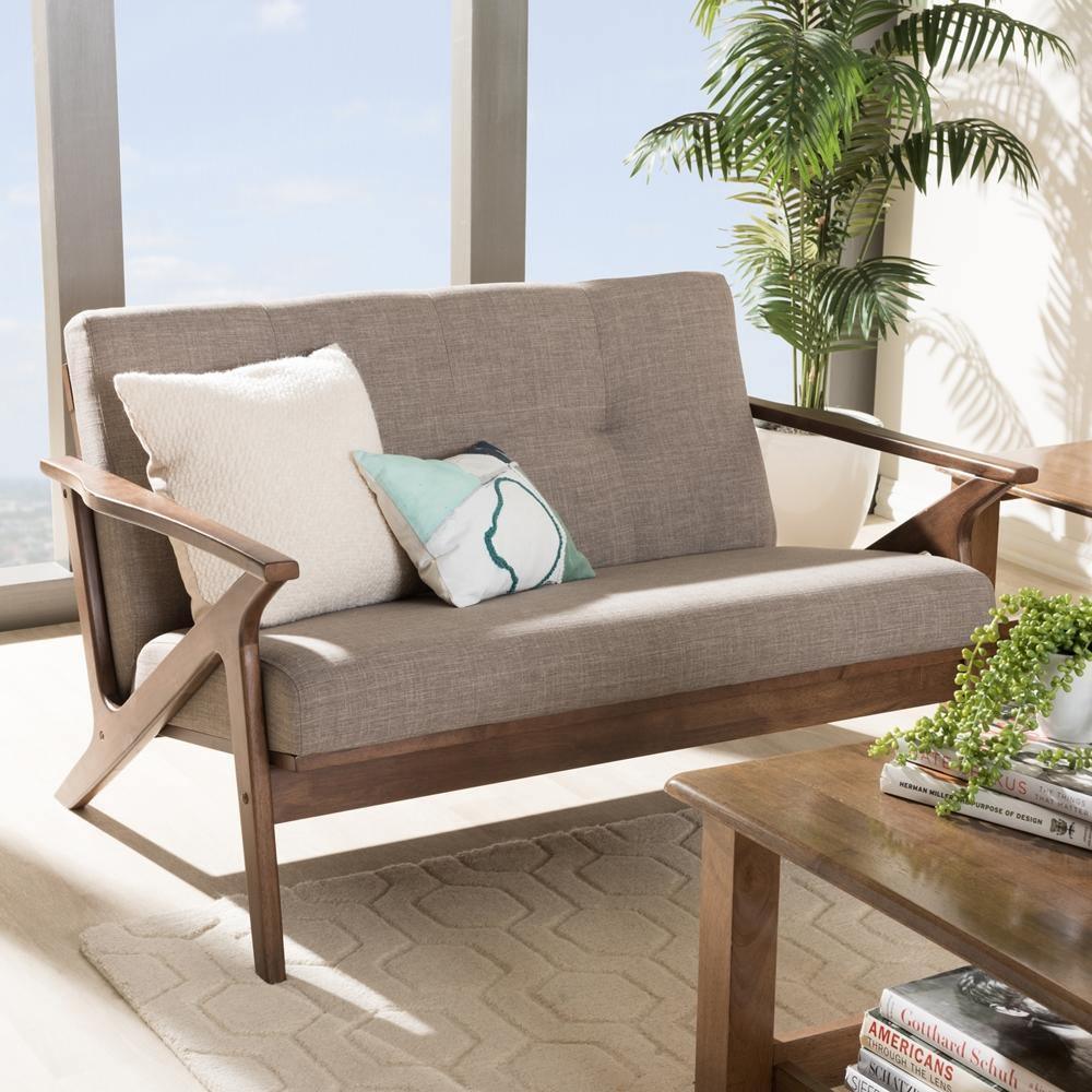 Bianca Mid-Century Modern Walnut Wood Light Grey Fabric Tufted 2-Seater Loveseat FredCo
