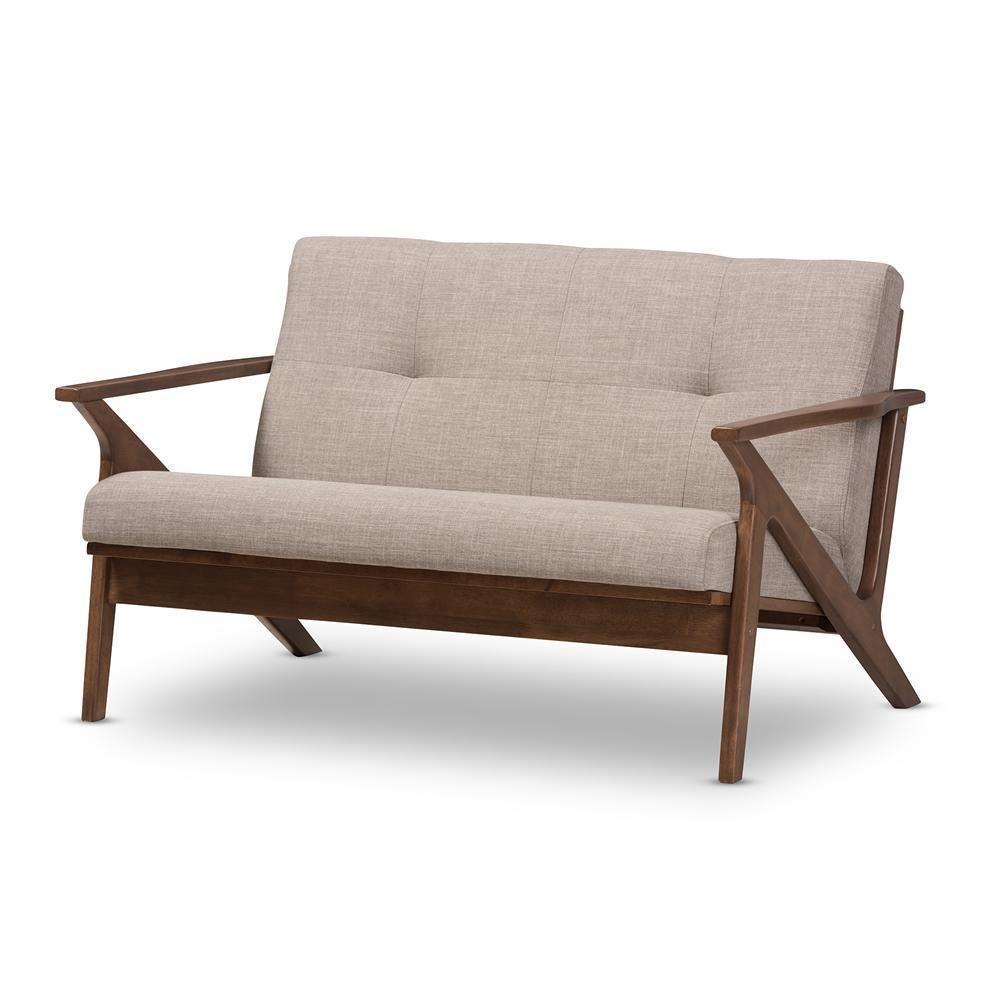 Bianca Mid-Century Modern Walnut Wood Light Grey Fabric Tufted 2-Seater Loveseat FredCo