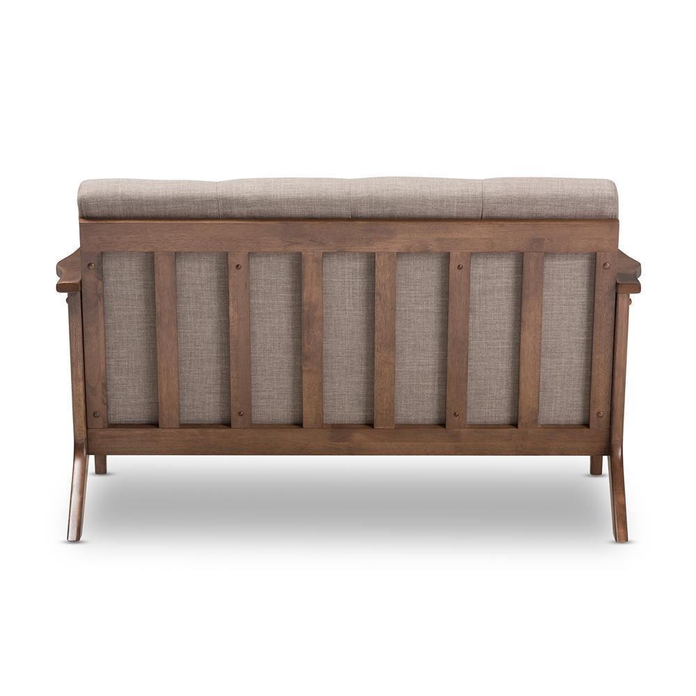 Bianca Mid-Century Modern Walnut Wood Light Grey Fabric Tufted 2-Seater Loveseat FredCo