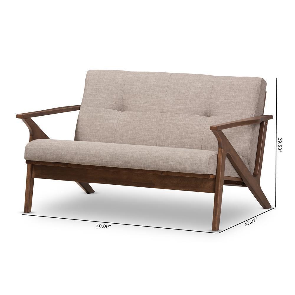 Bianca Mid-Century Modern Walnut Wood Light Grey Fabric Tufted 2-Seater Loveseat FredCo