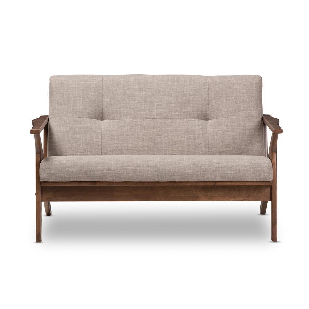 Bianca Mid-Century Modern Walnut Wood Light Grey Fabric Tufted 2-Seater Loveseat FredCo