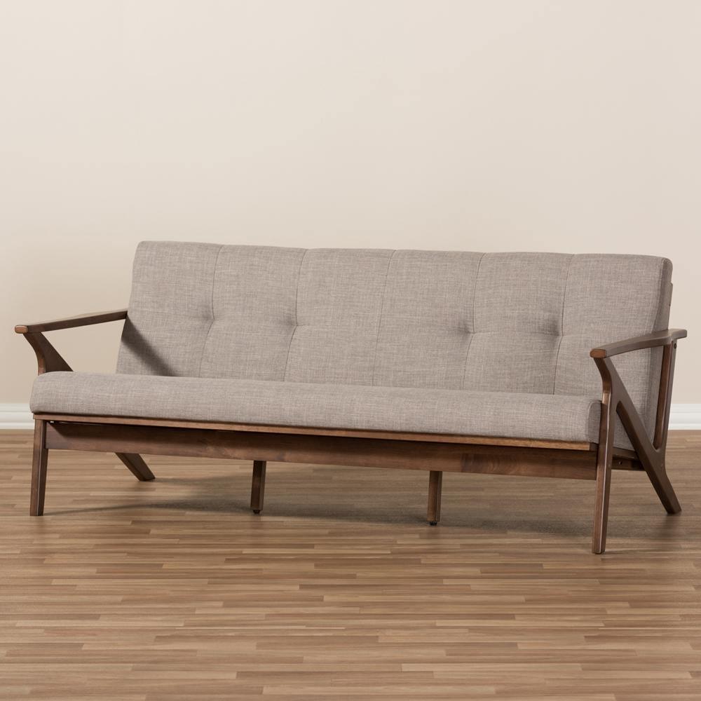 Bianca Mid-Century Modern Walnut Wood Light Grey Fabric Tufted 3-Seater Sofa FredCo