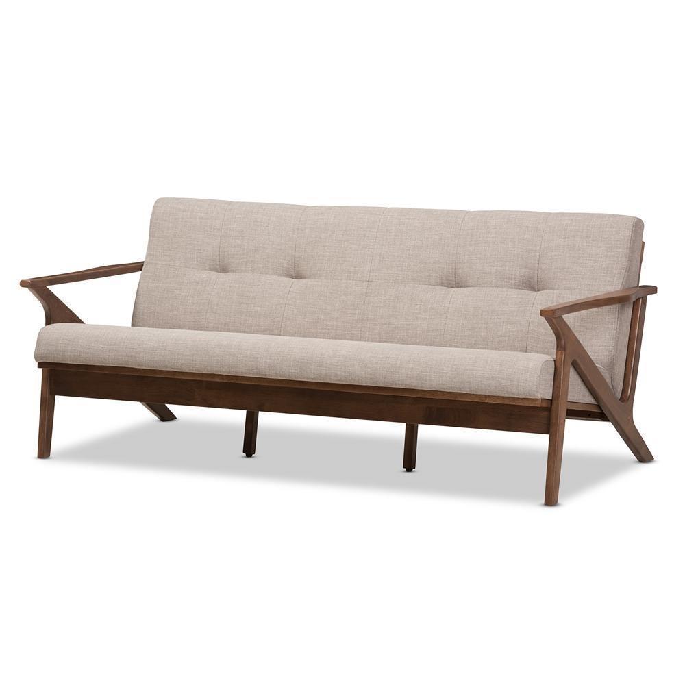 Bianca Mid-Century Modern Walnut Wood Light Grey Fabric Tufted 3-Seater Sofa FredCo