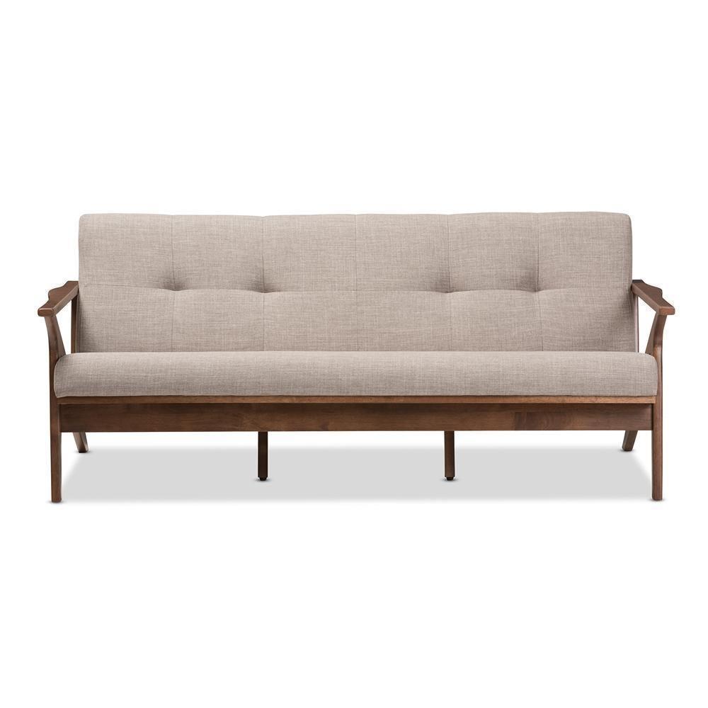 Bianca Mid-Century Modern Walnut Wood Light Grey Fabric Tufted 3-Seater Sofa FredCo