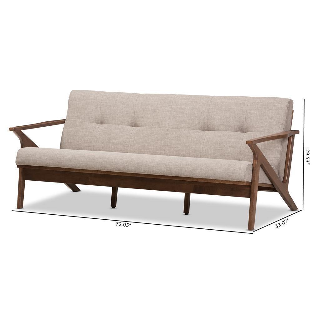 Bianca Mid-Century Modern Walnut Wood Light Grey Fabric Tufted 3-Seater Sofa FredCo