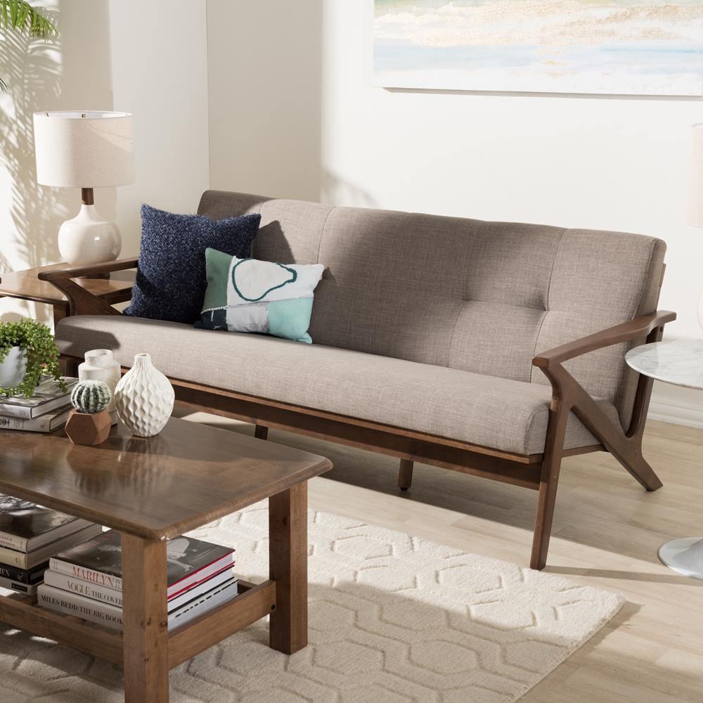 Bianca Mid-Century Modern Walnut Wood Light Grey Fabric Tufted 3-Seater Sofa FredCo