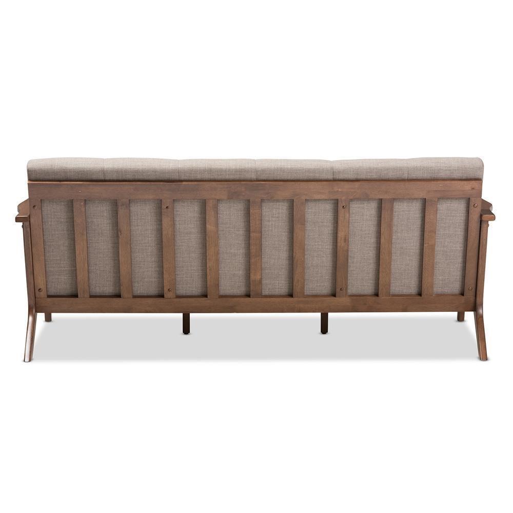 Bianca Mid-Century Modern Walnut Wood Light Grey Fabric Tufted 3-Seater Sofa FredCo