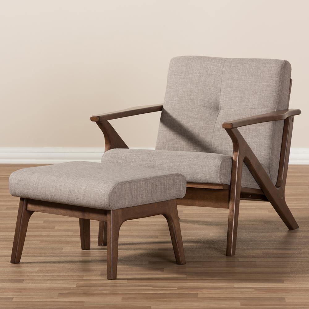 Bianca Mid-Century Modern Walnut Wood Light Grey Fabric Tufted Lounge Chair And Ottoman Set FredCo