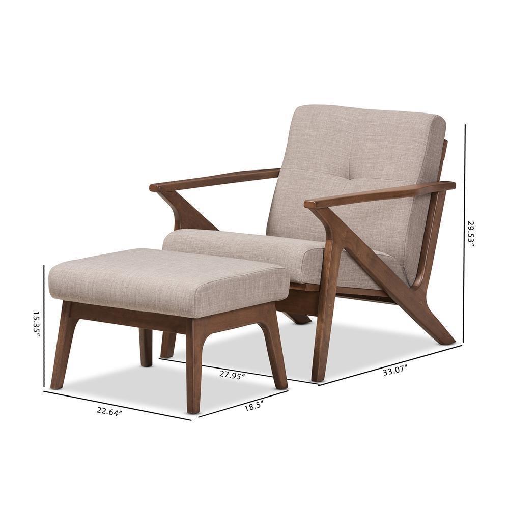 Bianca Mid-Century Modern Walnut Wood Light Grey Fabric Tufted Lounge Chair And Ottoman Set FredCo