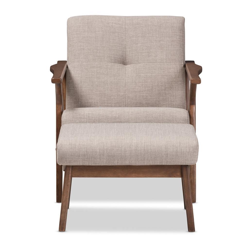 Bianca Mid-Century Modern Walnut Wood Light Grey Fabric Tufted Lounge Chair And Ottoman Set FredCo