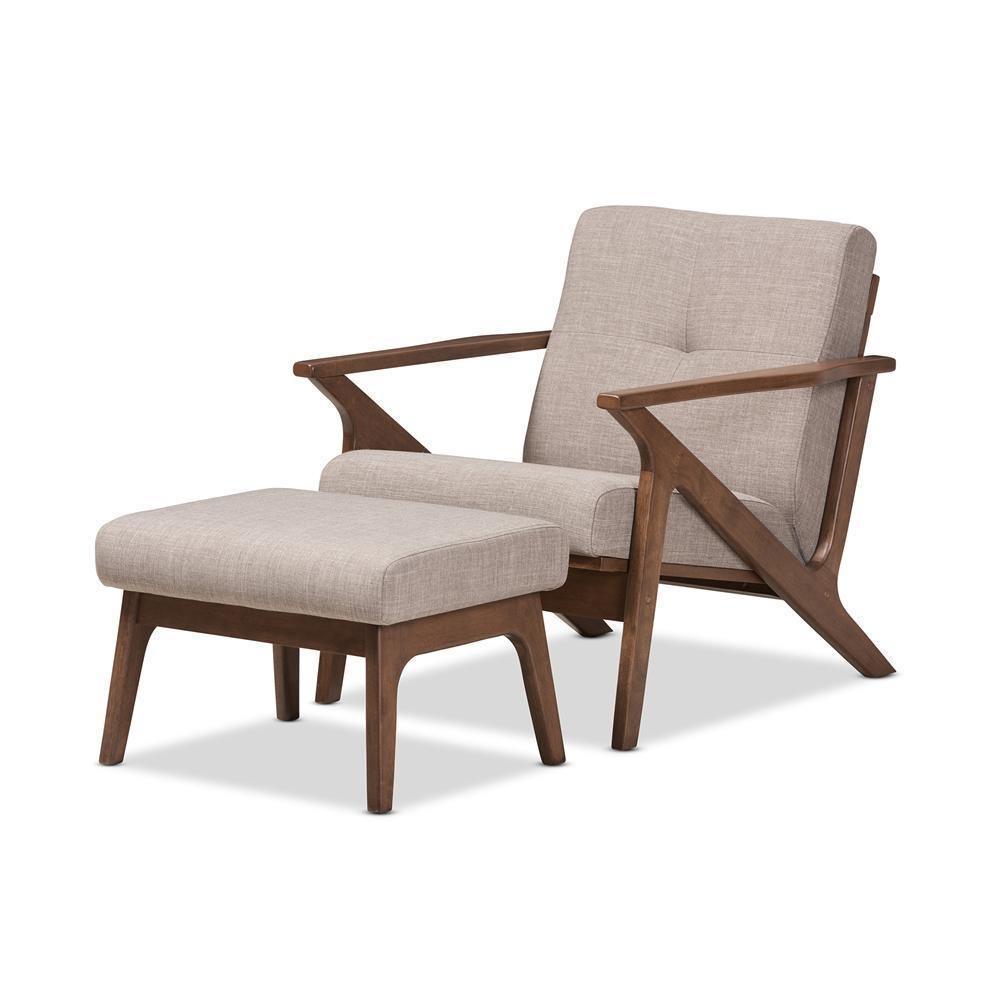 Bianca Mid-Century Modern Walnut Wood Light Grey Fabric Tufted Lounge Chair And Ottoman Set FredCo