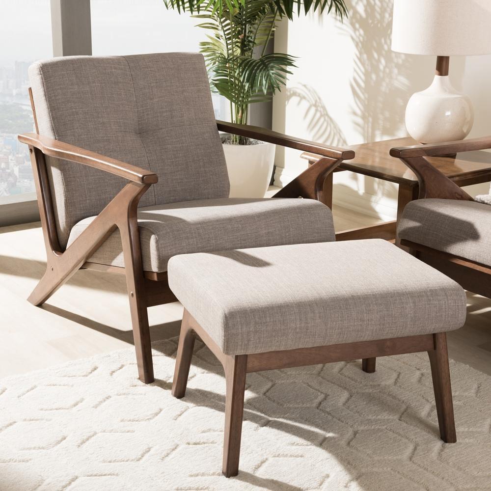Bianca Mid-Century Modern Walnut Wood Light Grey Fabric Tufted Lounge Chair And Ottoman Set FredCo