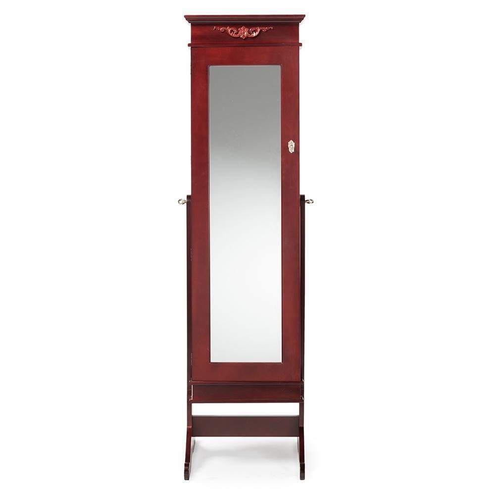 Bimini Brown Finish Wood Crown Moulding Top Free Standing Full Length Cheval Mirror Jewelry Armoire FredCo