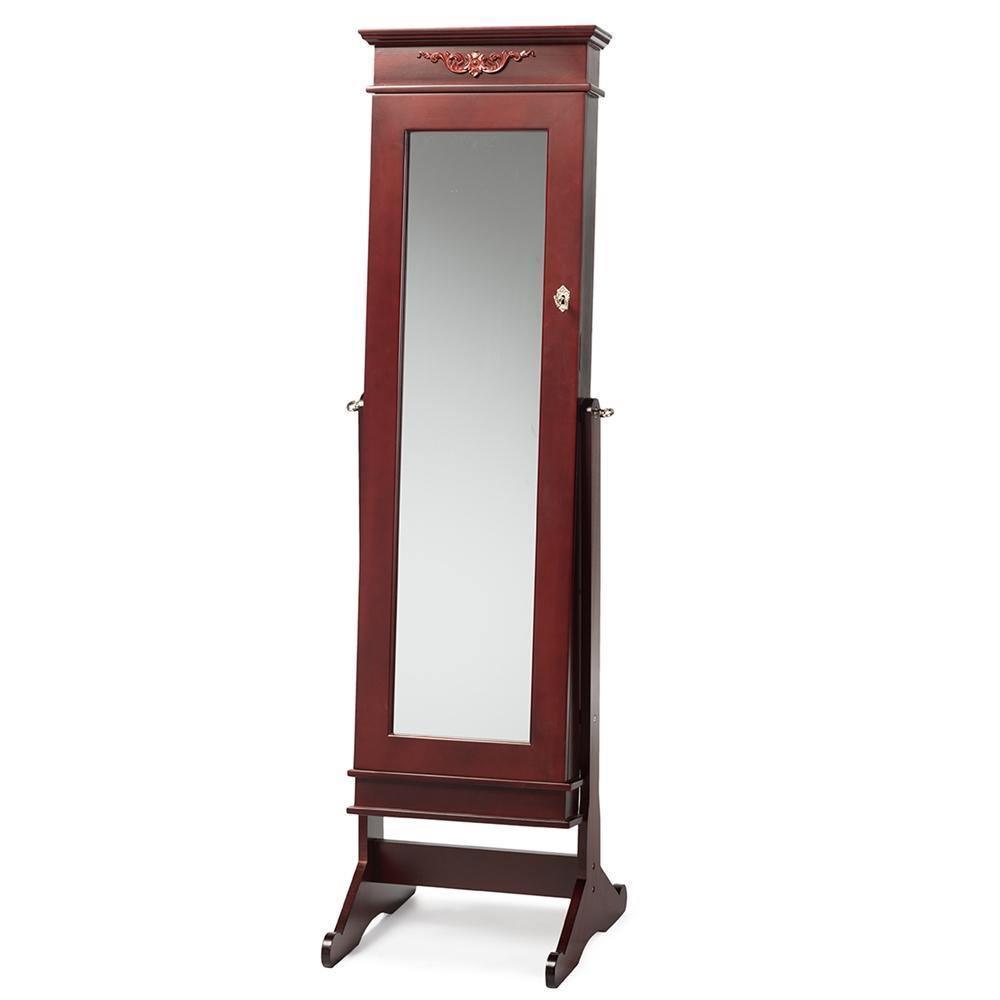 Bimini Brown Finish Wood Crown Moulding Top Free Standing Full Length Cheval Mirror Jewelry Armoire FredCo