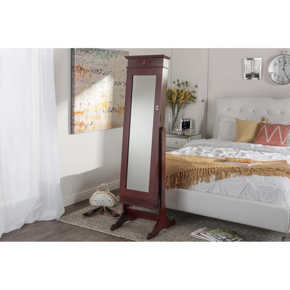 Bimini Brown Finish Wood Crown Moulding Top Free Standing Full Length Cheval Mirror Jewelry Armoire FredCo