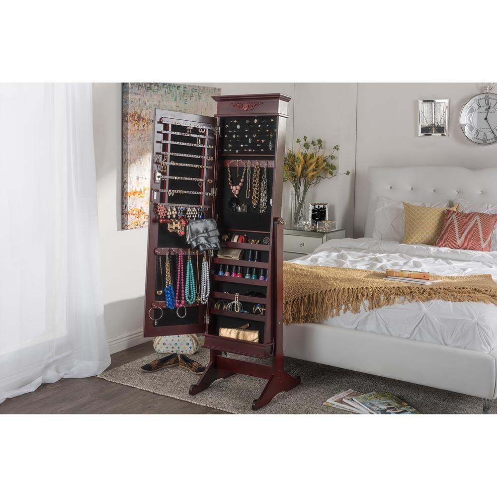 Bimini Brown Finish Wood Crown Moulding Top Free Standing Full Length Cheval Mirror Jewelry Armoire FredCo