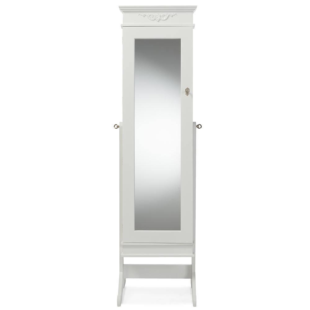 Bimini White Finish Wood Crown Moulding Top Free Standing Full Length Cheval Mirror Jewelry Armoire FredCo