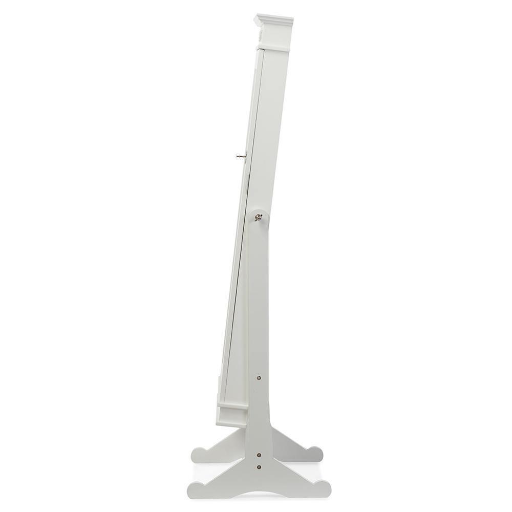 Bimini White Finish Wood Crown Moulding Top Free Standing Full Length Cheval Mirror Jewelry Armoire FredCo
