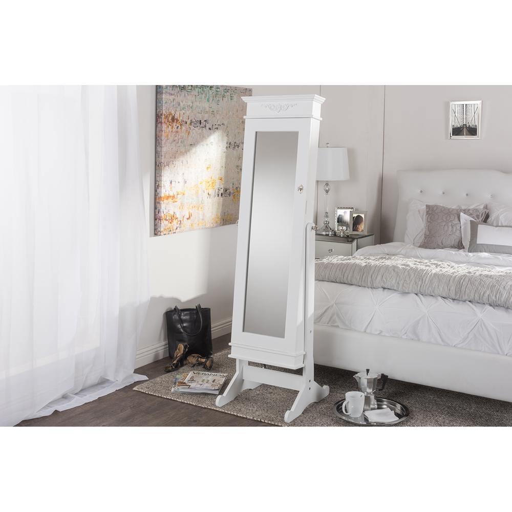 Bimini White Finish Wood Crown Moulding Top Free Standing Full Length Cheval Mirror Jewelry Armoire FredCo