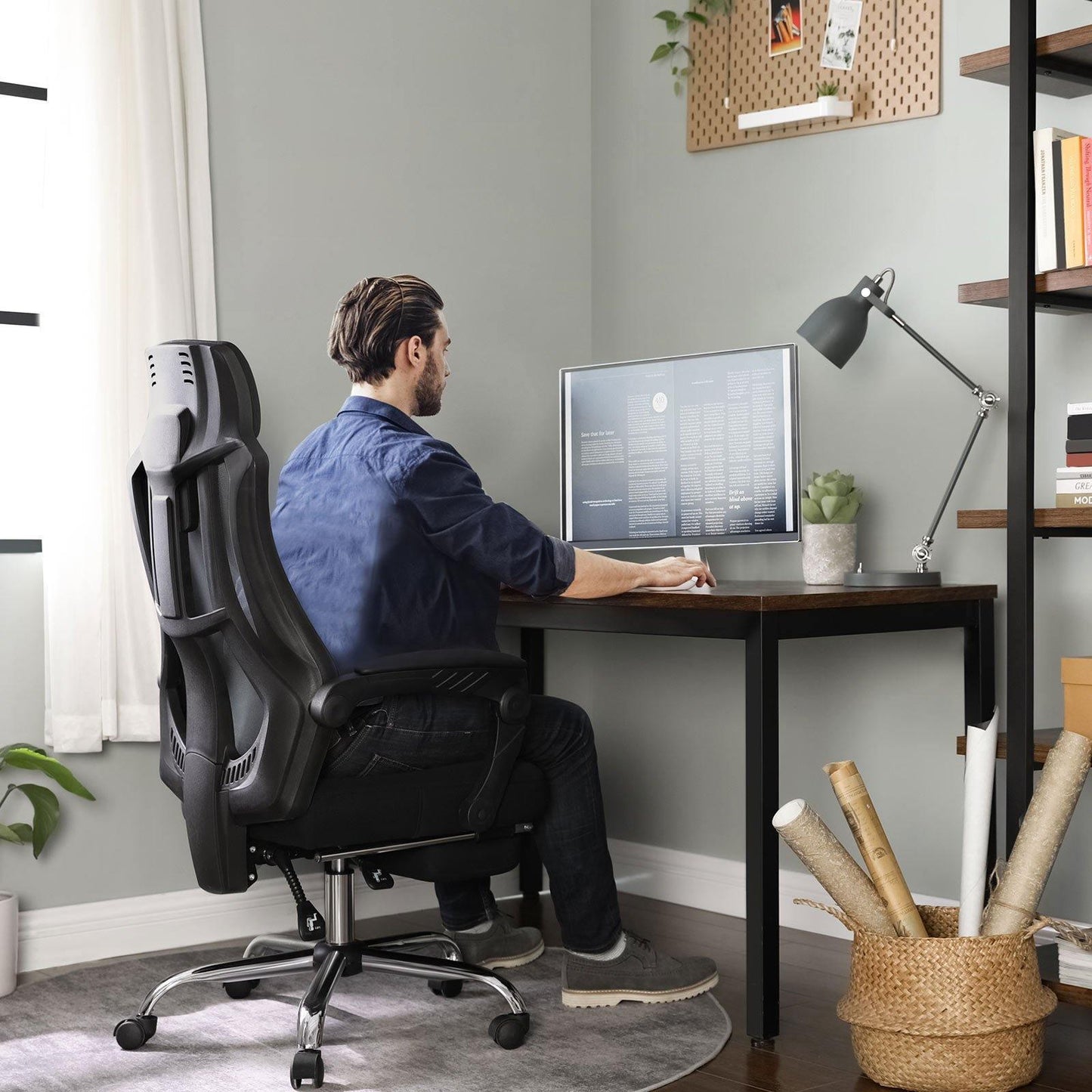 Black Adjustable Office Chair with Footrest FredCo