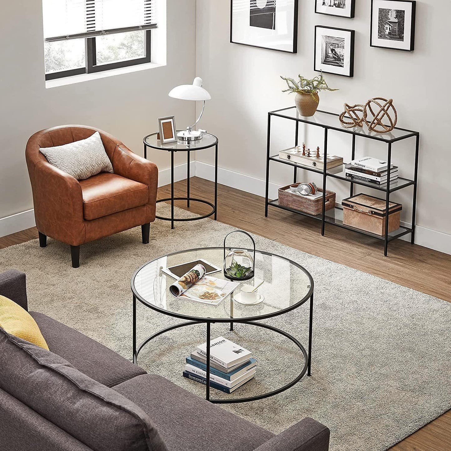 Black Frame Glass Console Table with Shelves FredCo