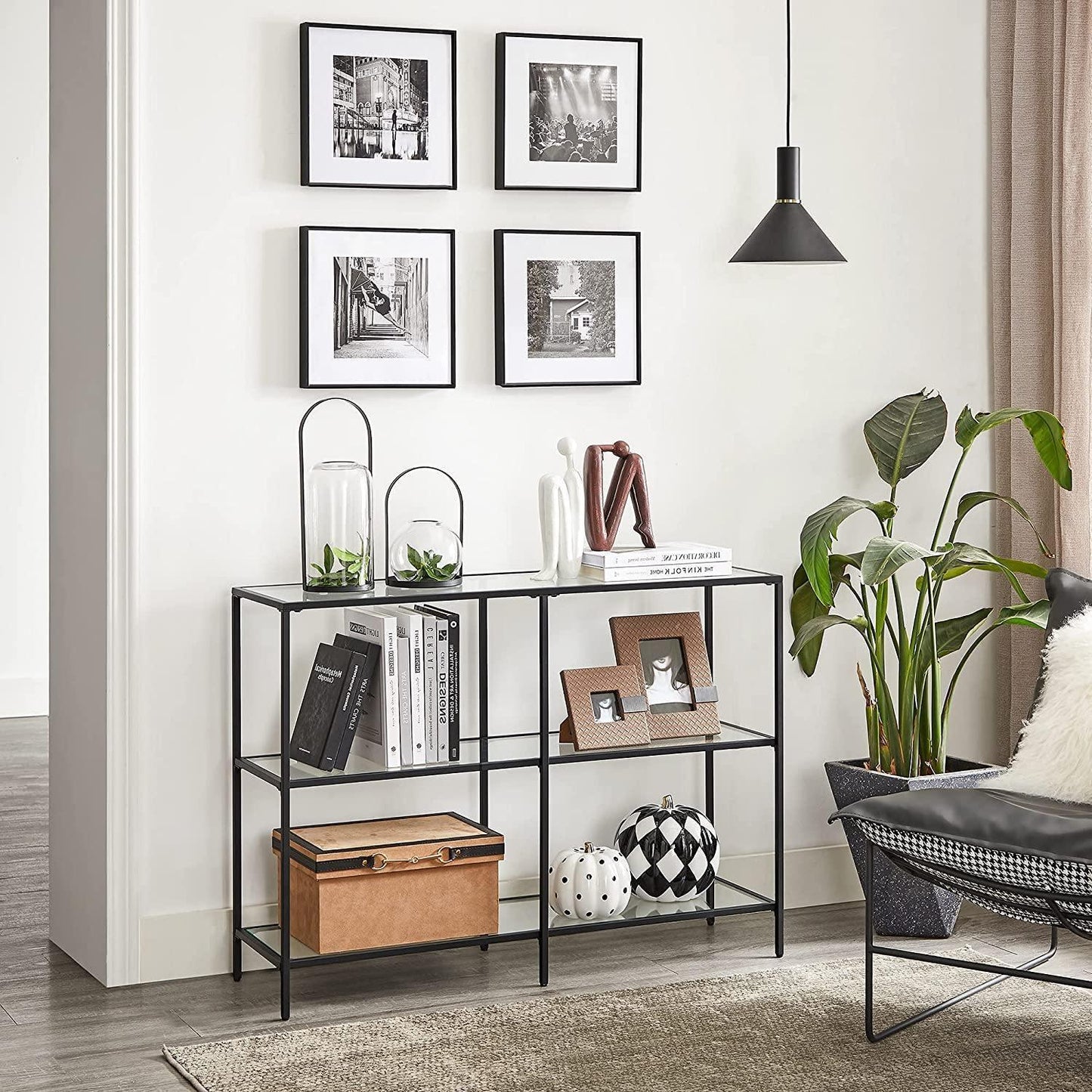 Black Frame Glass Console Table with Shelves FredCo