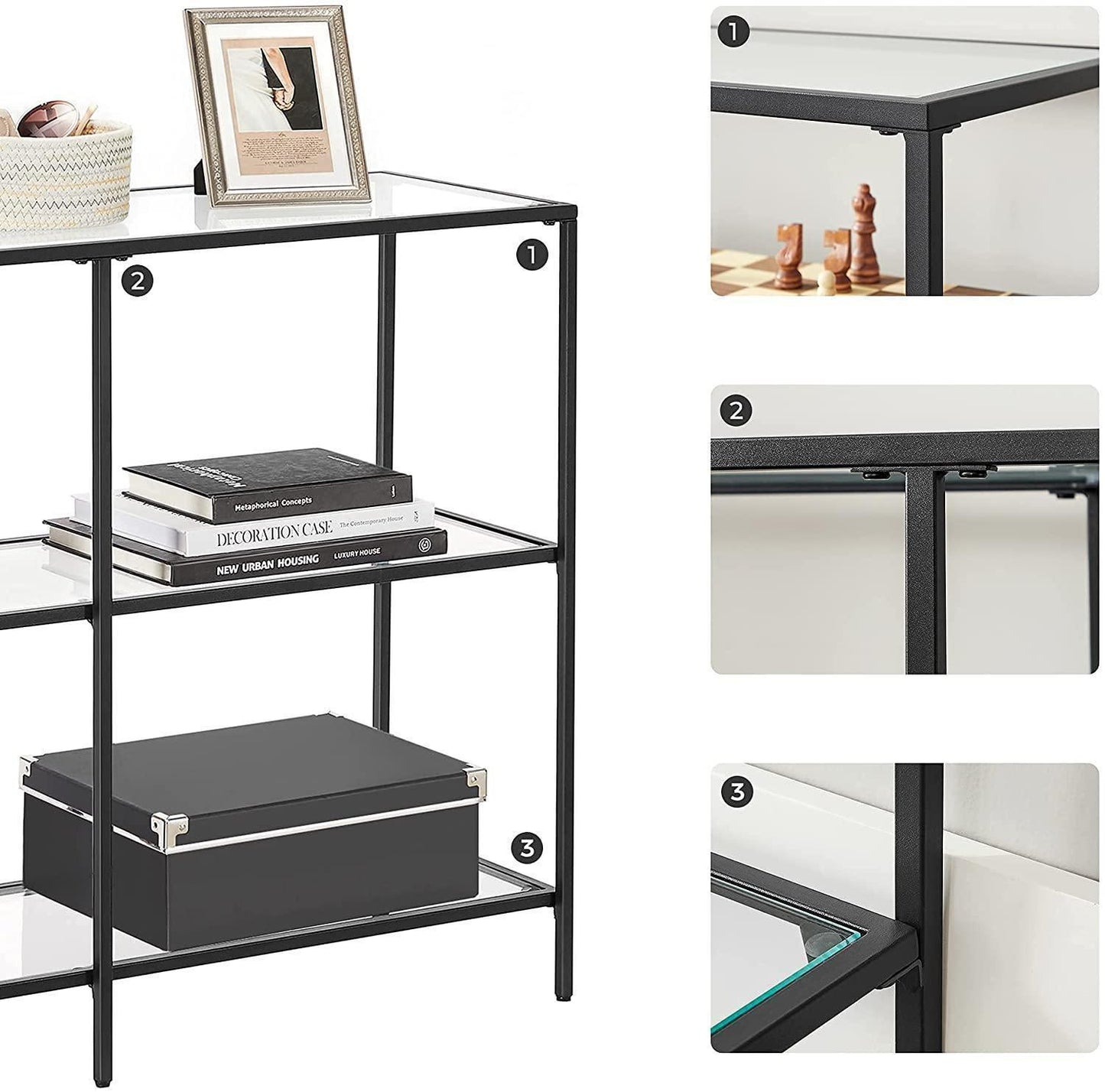 Black Frame Glass Console Table with Shelves FredCo