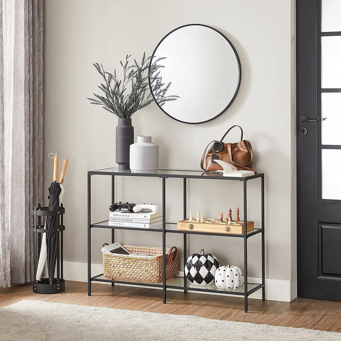 Black Frame Glass Console Table with Shelves FredCo