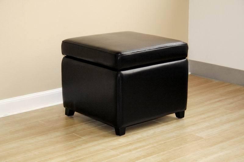 Black Full Leather Small Storage Cube Ottoman FredCo