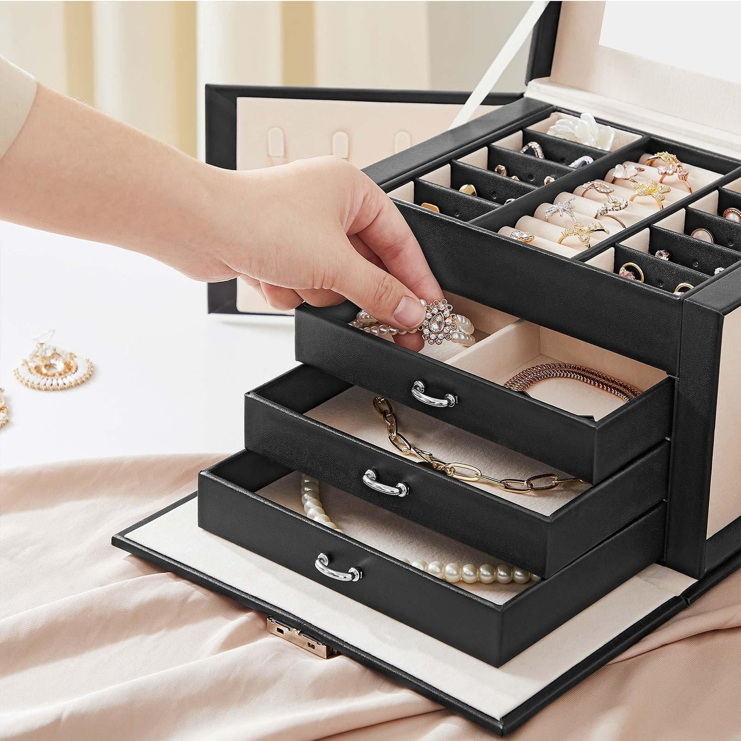 Black Jewelry Box with Drawers & Lock FredCo