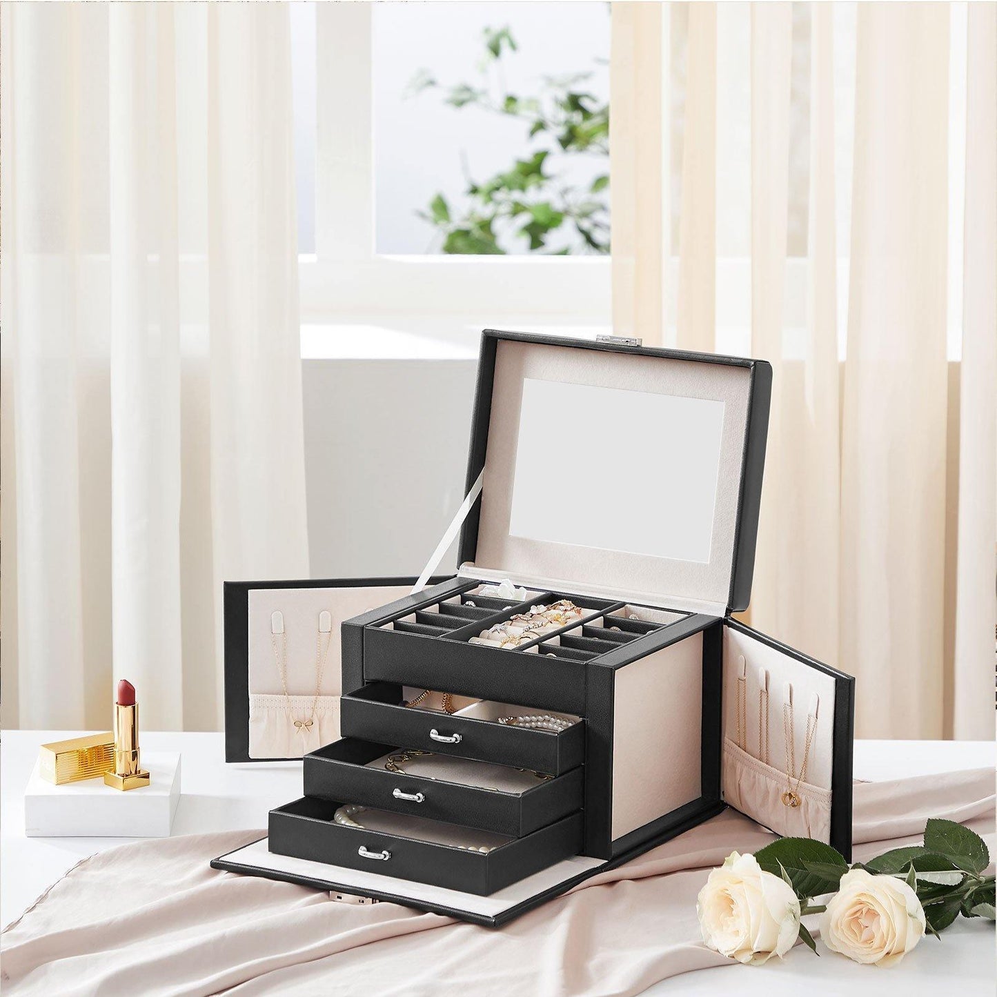 Black Jewelry Box with Drawers & Lock FredCo