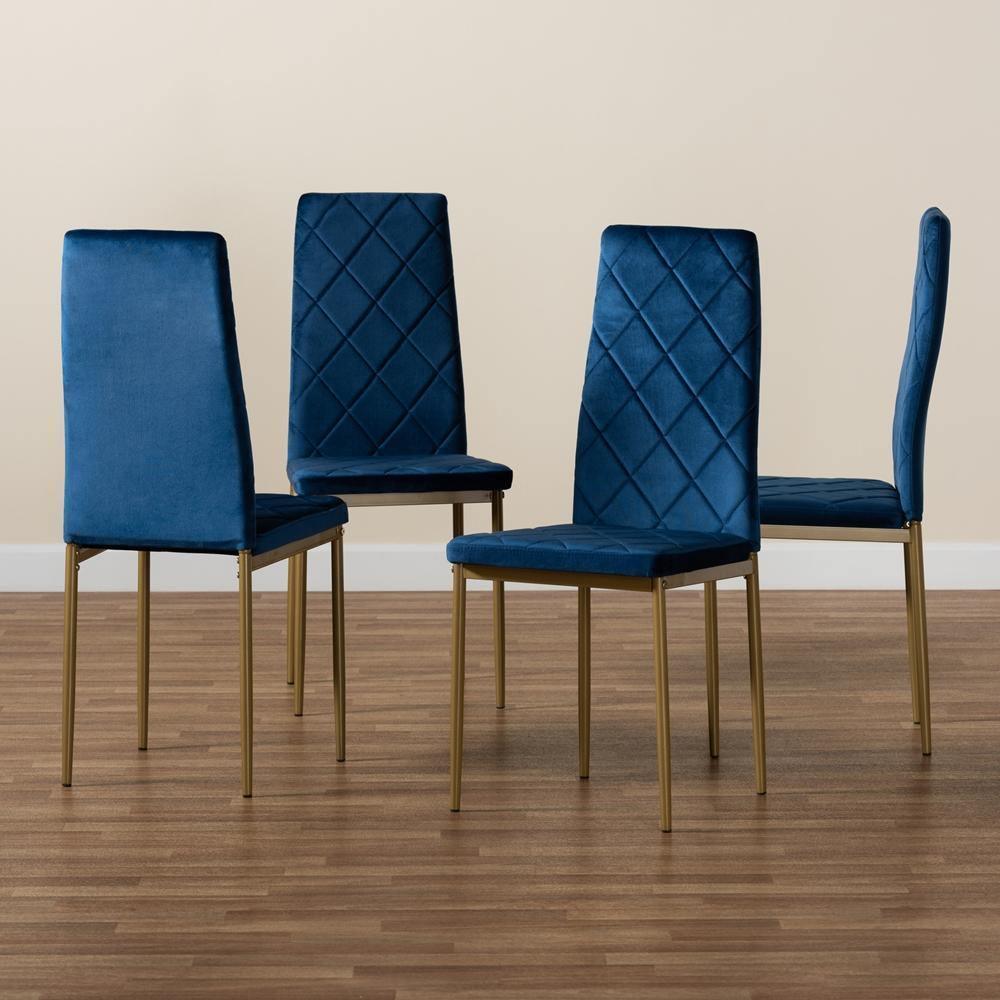 Blaise Modern Luxe and Glam Navy Blue Velvet Fabric Upholstered and Gold Finished Metal 4-Piece Dining Chair Set FredCo