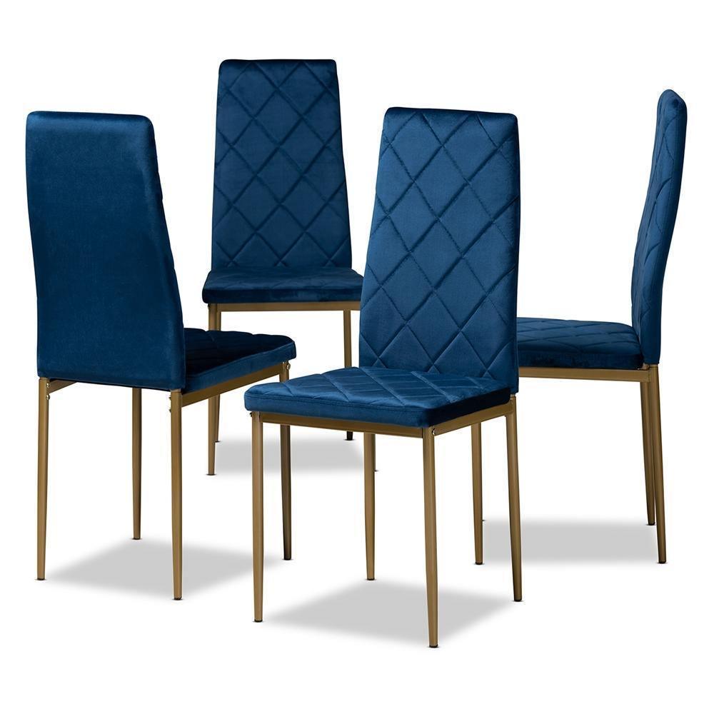 Blaise Modern Luxe and Glam Navy Blue Velvet Fabric Upholstered and Gold Finished Metal 4-Piece Dining Chair Set FredCo