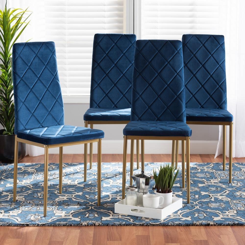 Blaise Modern Luxe and Glam Navy Blue Velvet Fabric Upholstered and Gold Finished Metal 4-Piece Dining Chair Set FredCo