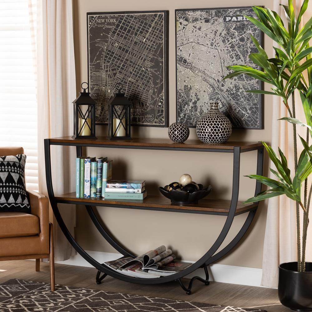 Blakes Rustic Industrial Style Antique Black Textured Finish Metal Distressed Wood Console Table FredCo