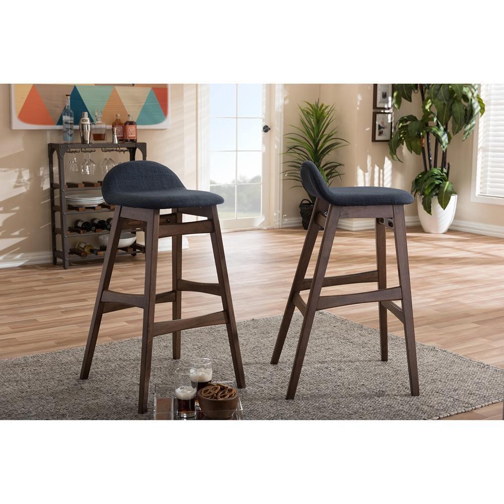 Bloom Mid-century Retro Modern Scandinavian Style Dark Blue Fabric Upholstered Walnut Wood Finishing 30-Inches Bar Stool FredCo