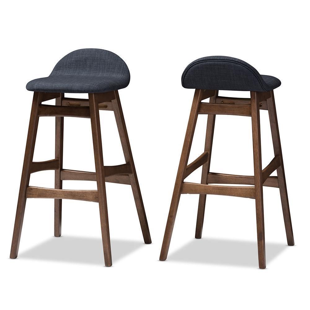 Bloom Mid-century Retro Modern Scandinavian Style Dark Blue Fabric Upholstered Walnut Wood Finishing 30-Inches Bar Stool FredCo