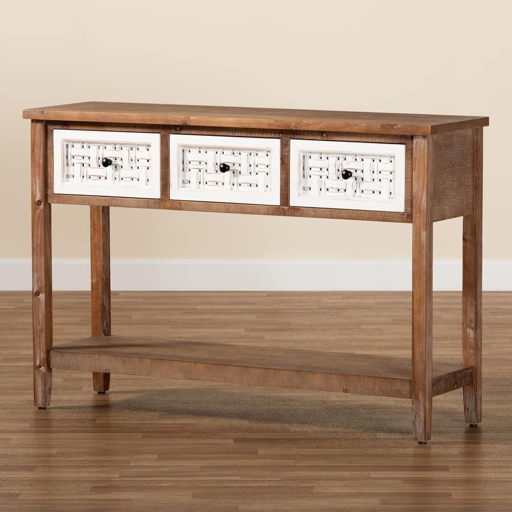 Bonilla Traditional and Rustic Two-Tone White and Walnut Brown Finished Wood 3-Drawer Console Table FredCo