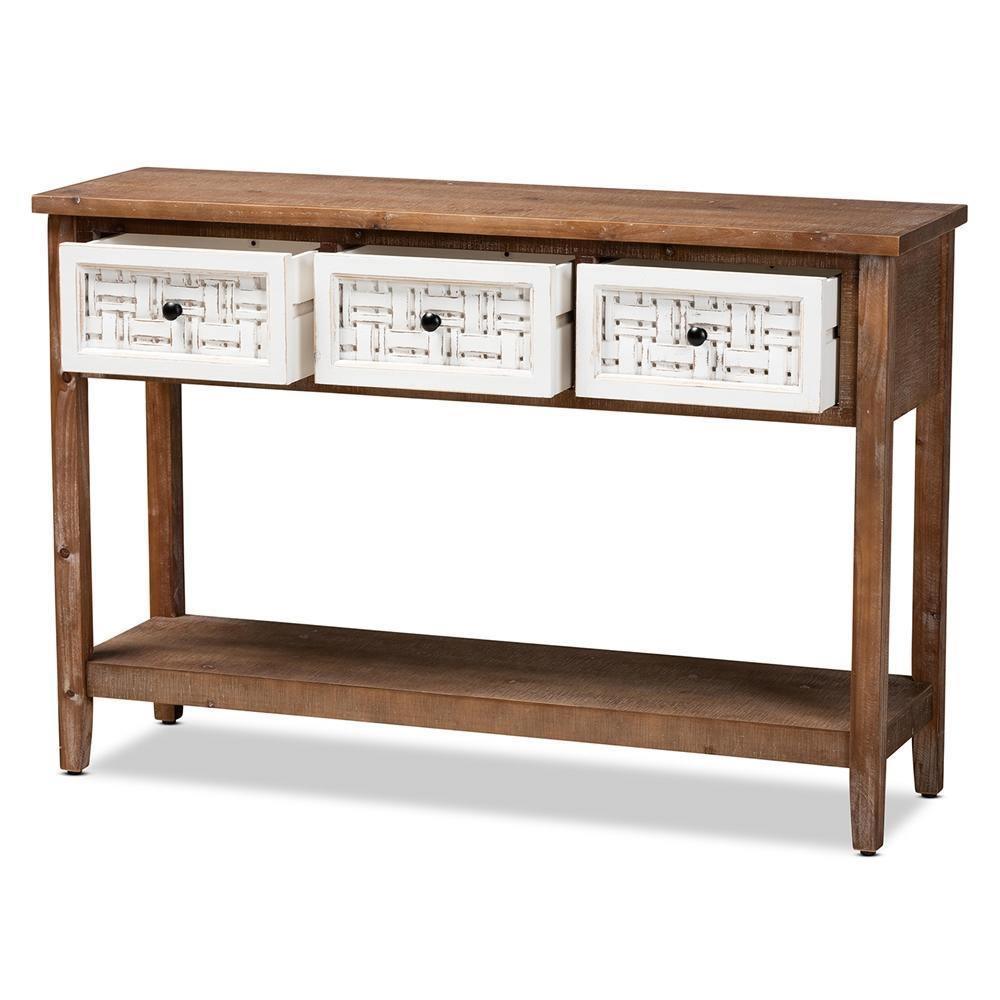 Bonilla Traditional and Rustic Two-Tone White and Walnut Brown Finished Wood 3-Drawer Console Table FredCo