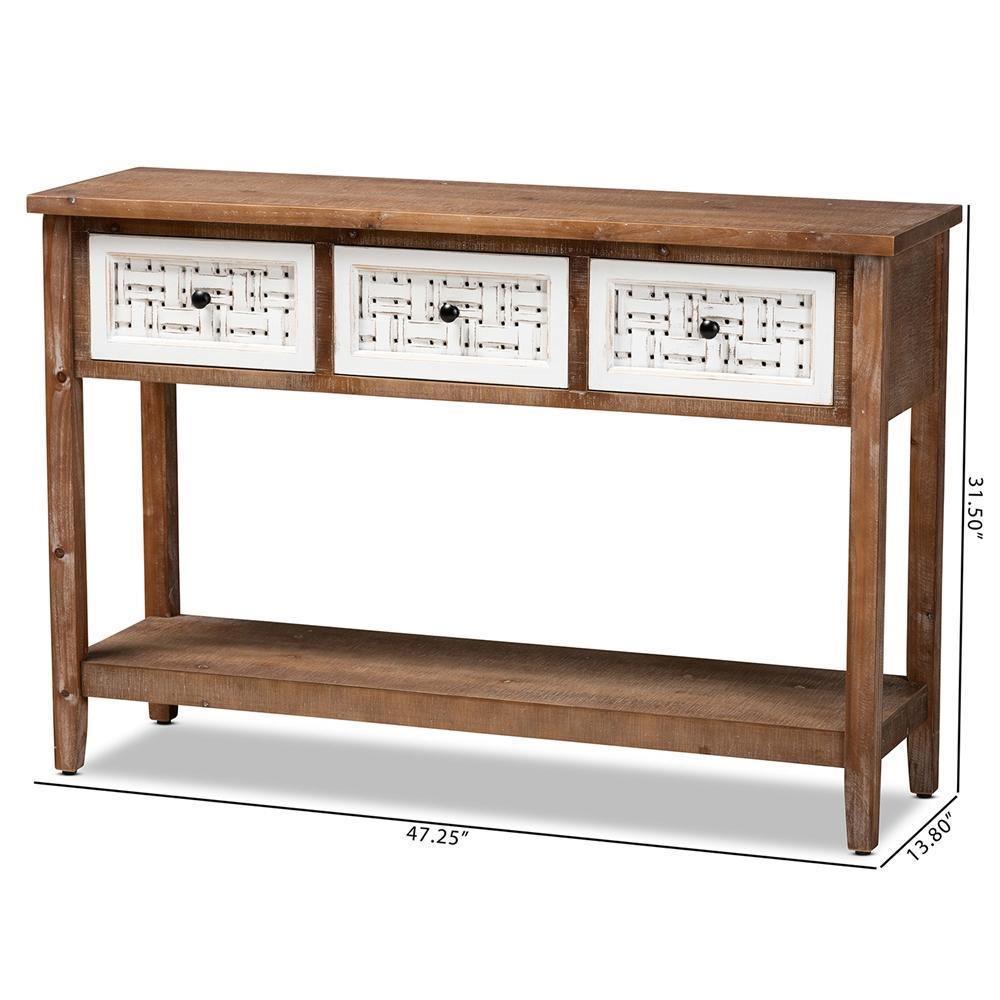 Bonilla Traditional and Rustic Two-Tone White and Walnut Brown Finished Wood 3-Drawer Console Table FredCo