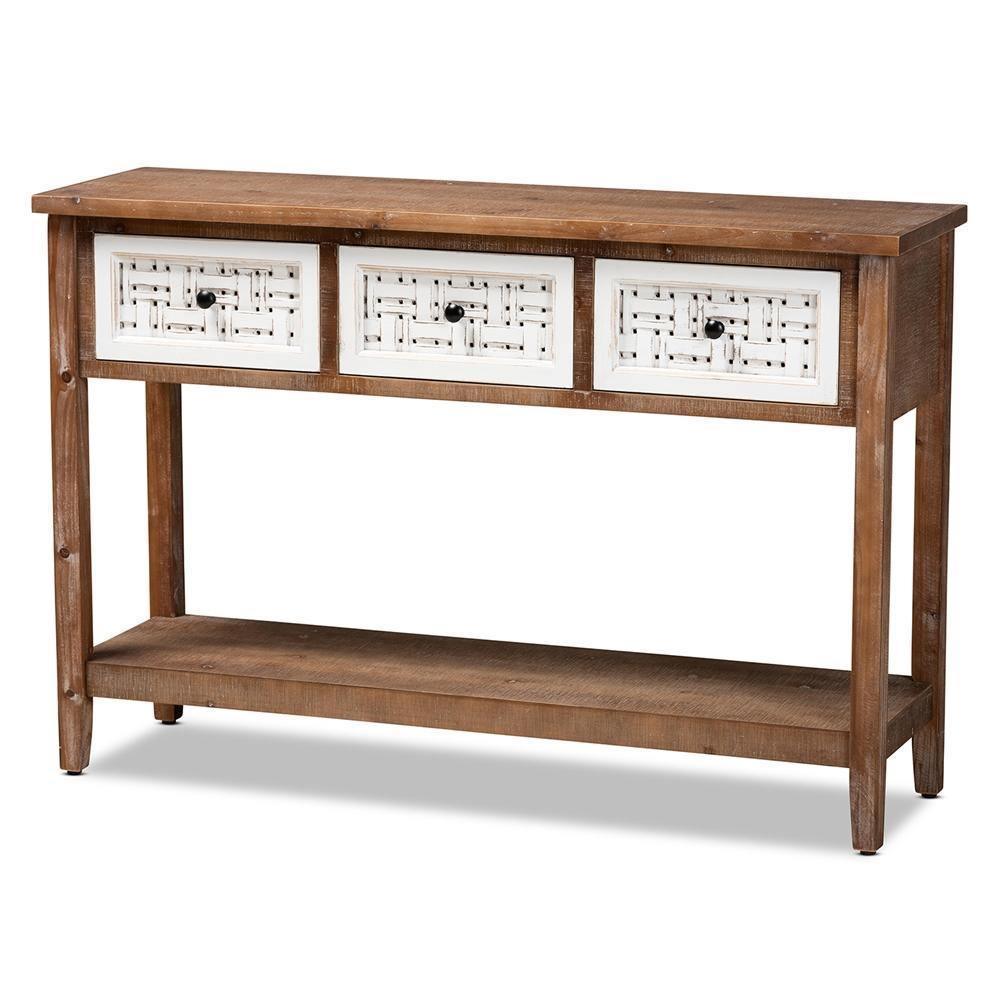 Bonilla Traditional and Rustic Two-Tone White and Walnut Brown Finished Wood 3-Drawer Console Table FredCo
