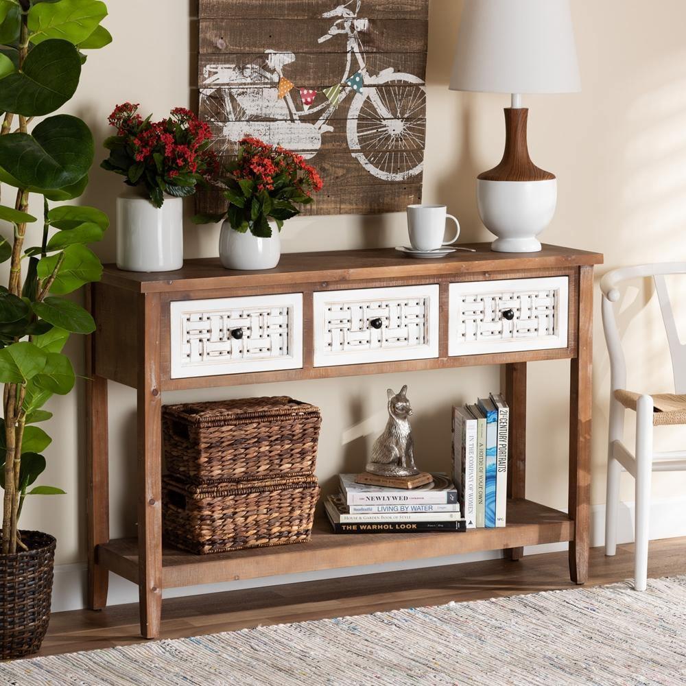 Bonilla Traditional and Rustic Two-Tone White and Walnut Brown Finished Wood 3-Drawer Console Table FredCo