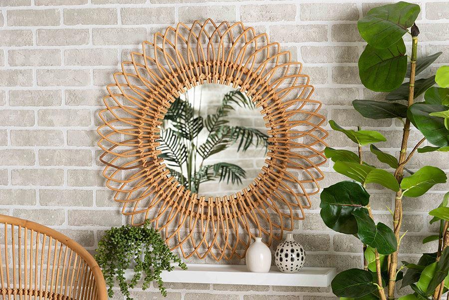 Bora Modern Bohemian Natural Brown Rattan Accent Wall Mirror FredCo