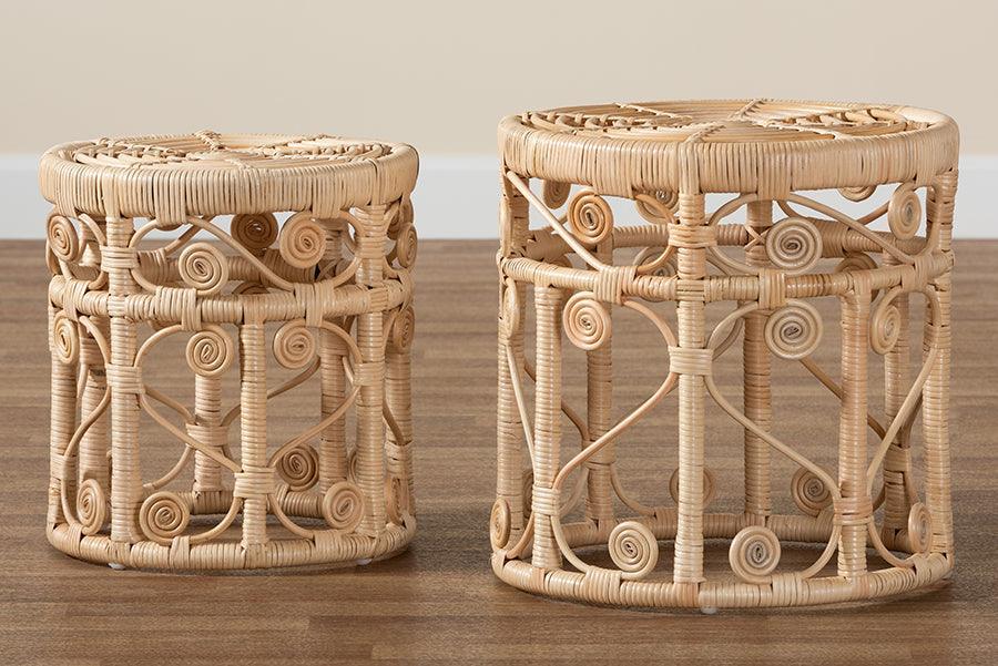 Bowie Modern Bohemian Natural Brown Rattan 2-Piece Nesting End Table Set FredCo