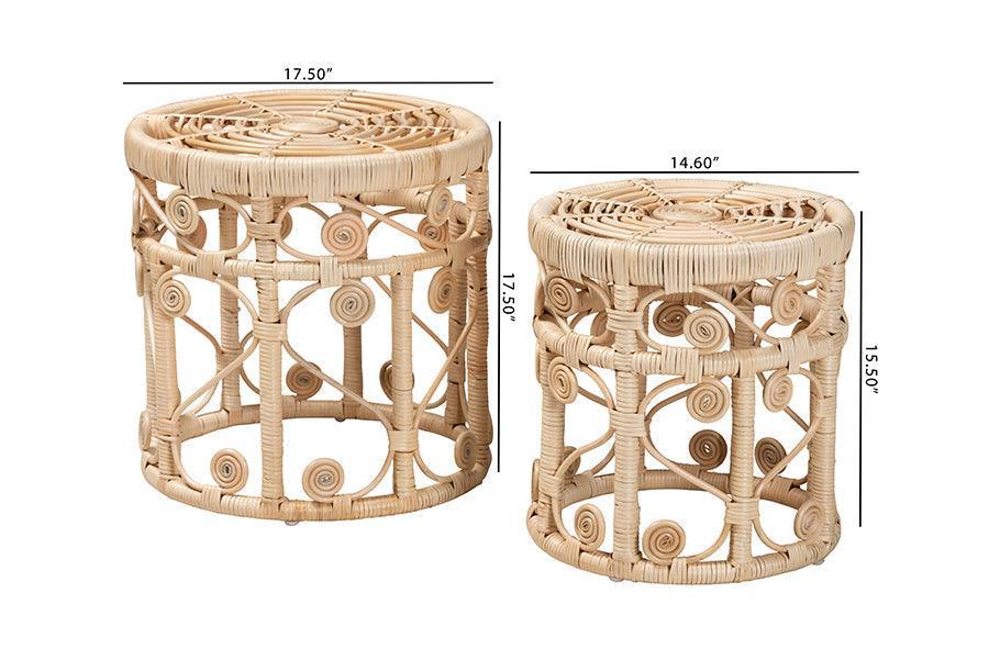 Bowie Modern Bohemian Natural Brown Rattan 2-Piece Nesting End Table Set FredCo