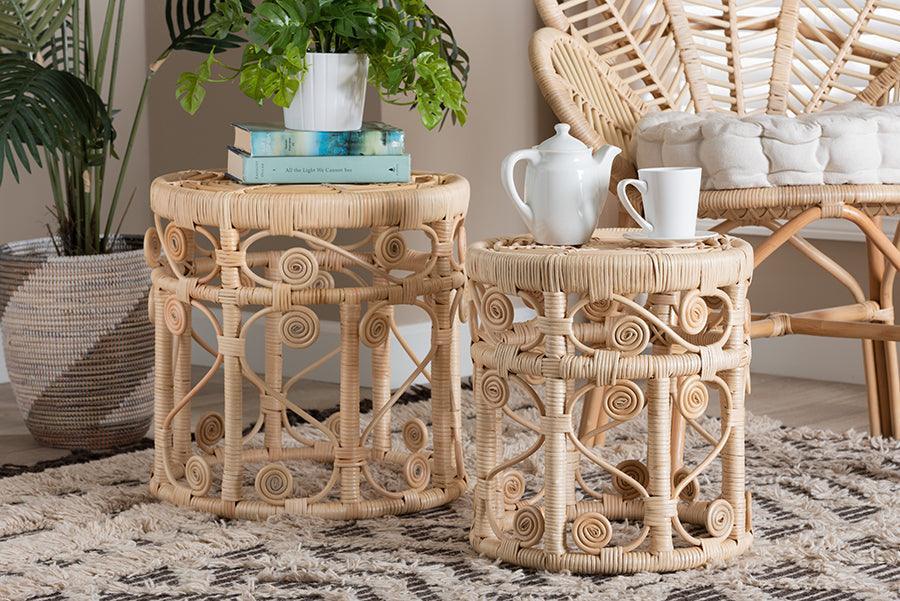 Bowie Modern Bohemian Natural Brown Rattan 2-Piece Nesting End Table Set FredCo
