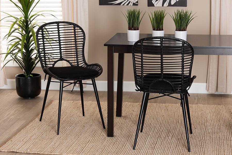 Brenna Modern Bohemian Black Finished Rattan and Metal Dining Chair FredCo