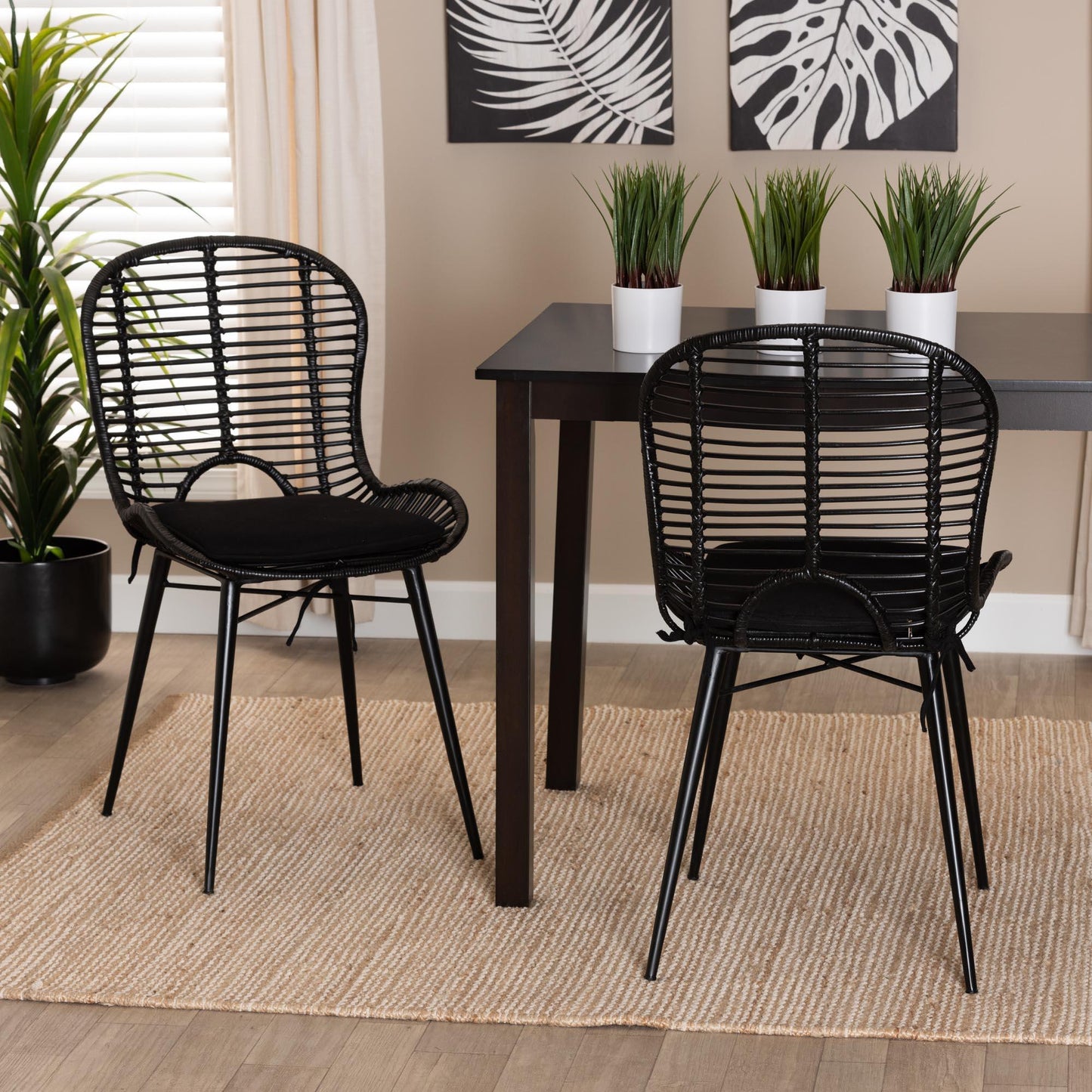 Brenna Modern Bohemian Black Finished Rattan and Metal Dining Chair FredCo